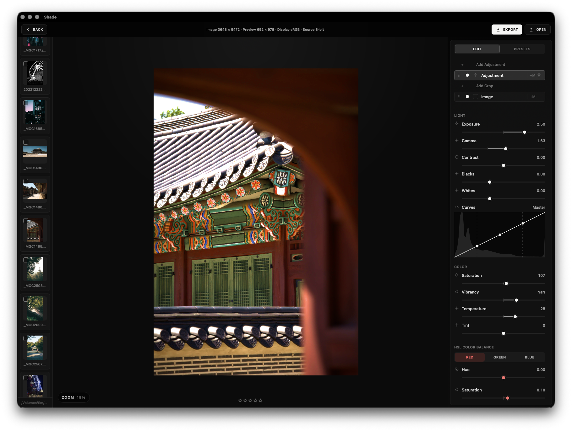 Shade editor interface with a photo open in the canvas and adjustment controls on the right.